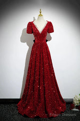 Wine Red Sequins V-Neckline Short Sleeves Party Dress, Wine Red Evening Dress