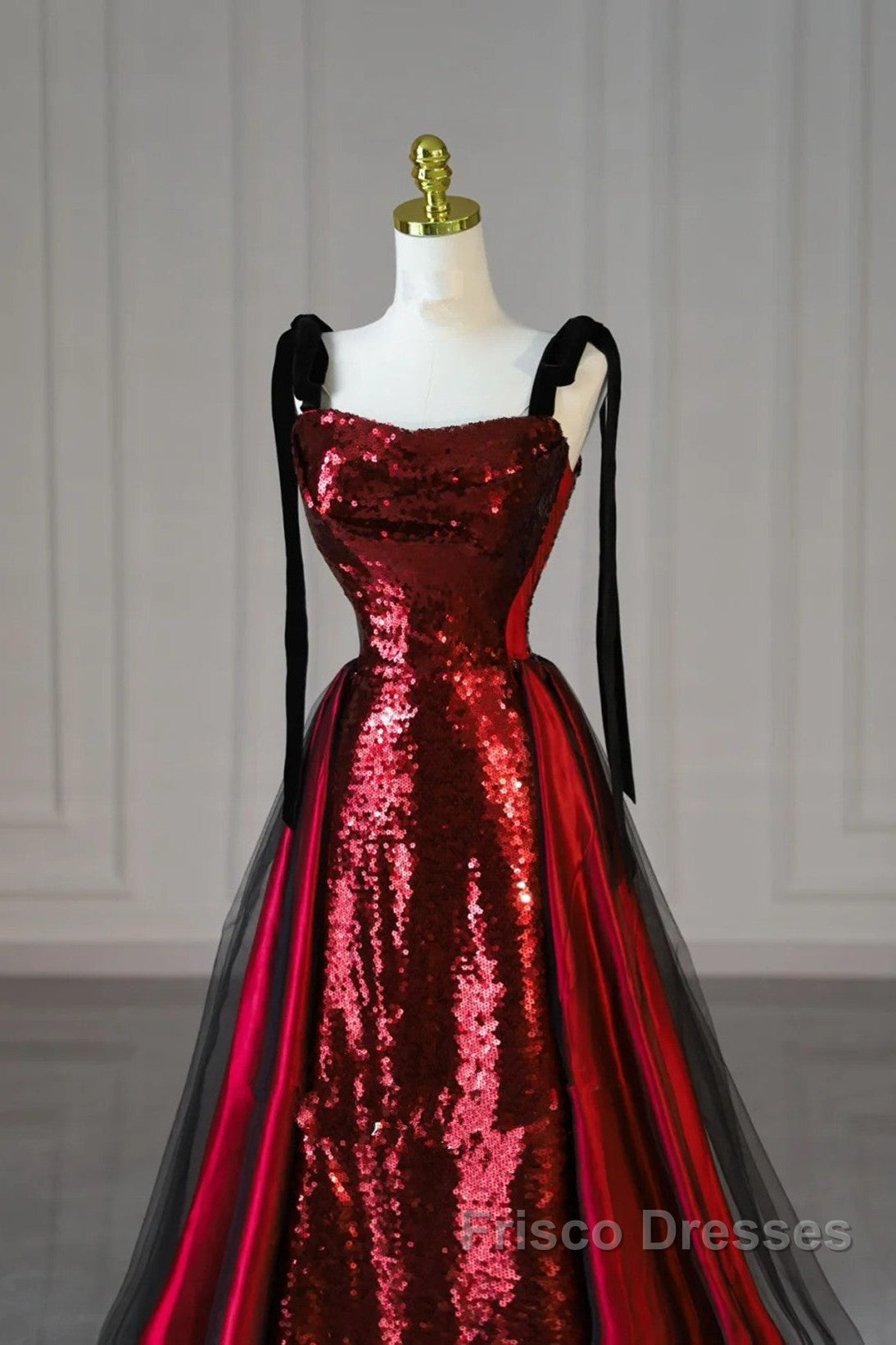 Wine Red Sequins With Black Tulle Straps Long Party Dress, Wine Red Sequins Formal Prom Dress