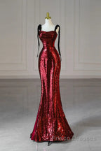 Wine Red Sequins With Black Tulle Straps Long Party Dress, Wine Red Sequins Formal Prom Dress