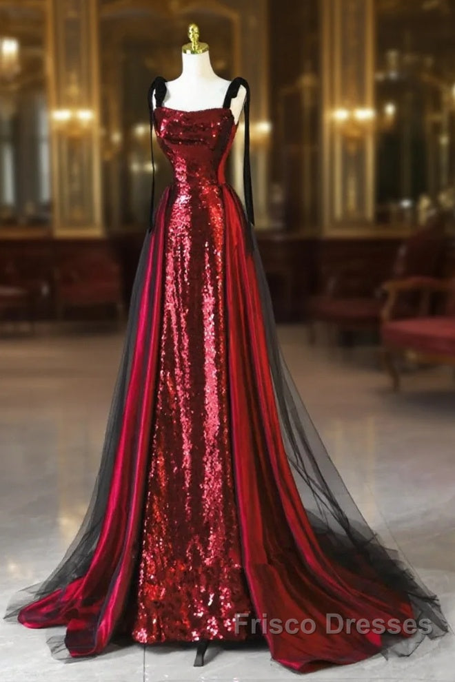 Wine Red Sequins With Black Tulle Straps Long Party Dress, Wine Red Sequins Formal Prom Dress