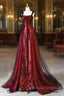 Wine Red Sequins With Black Tulle Straps Long Party Dress, Wine Red Sequins Formal Prom Dress