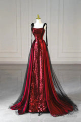 Wine Red Sequins With Black Tulle Straps Long Party Dress, Wine Red Sequins Prom Dress