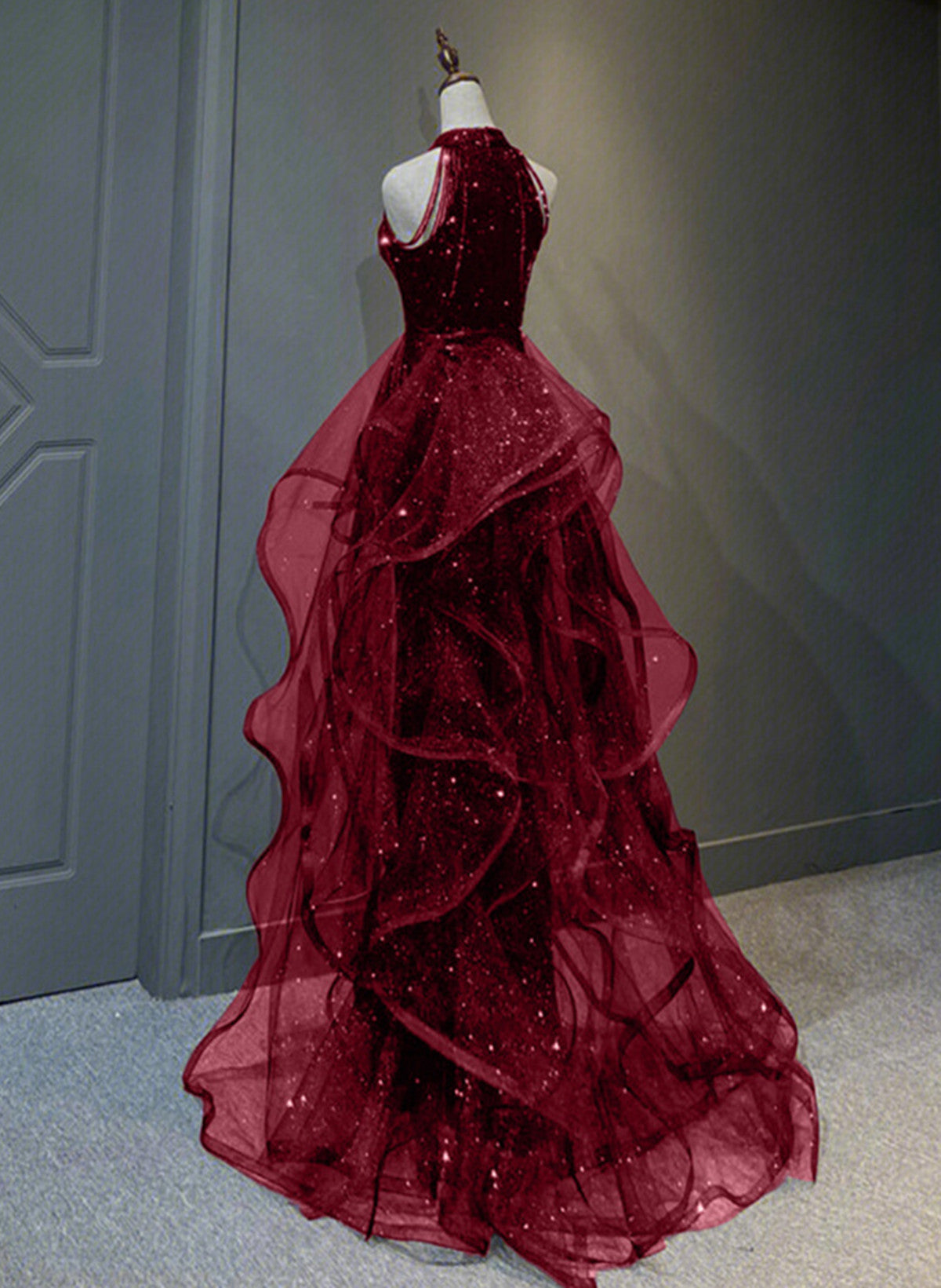 Wine Red Sequins With Tulle Long Party Dress, Wine Red Halter Evening Dress