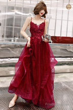 Wine Red Shiny Tulle Layers Straps Party Dress With Lace, V-Neckline Prom Dress