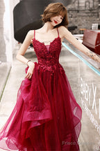 Wine Red Shiny Tulle Layers Straps Party Dress With Lace, V-Neckline Prom Dress