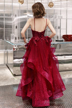 Wine Red Shiny Tulle Layers Straps Party Dress With Lace, V-Neckline Prom Dress