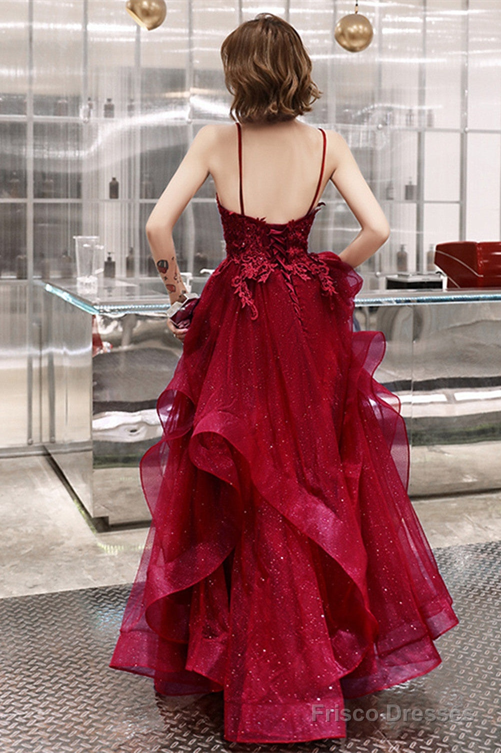 Wine Red Shiny Tulle Layers Straps Party Dress With Lace, V-Neckline Prom Dress