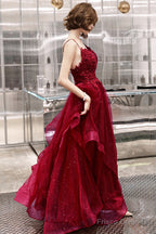 Wine Red Shiny Tulle Layers Straps Party Dress With Lace, V-Neckline Prom Dress
