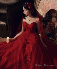 Wine Red Shiny Tulle Straps Long Evening Dress, A-Line Tulle Junior Prom Dress