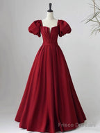Wine Red Short Sleeves A-line Floor Length Party Dress, Long Prom Dress