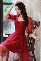 Wine Red Short Sleeves Homecoming Dress Prom Dress, Wine Red Party Dress