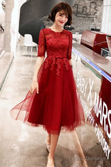 Wine Red Short Sleeves Lace And Tulle Lovely Homecoming Dress, Wine Red Prom Dress Party Dress