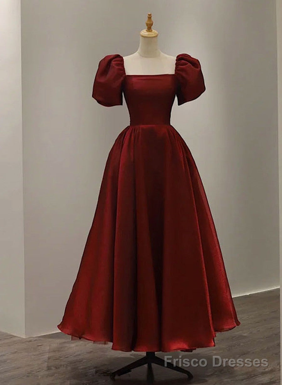 Wine Red Short Sleeves Tea Length Wedding Party Dress, Wine Red Prom Dress Main image