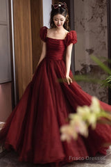 Wine Red Short Sleeves Tulle Long Party Dress, Wine Red A-Line Floor Length Prom Dress