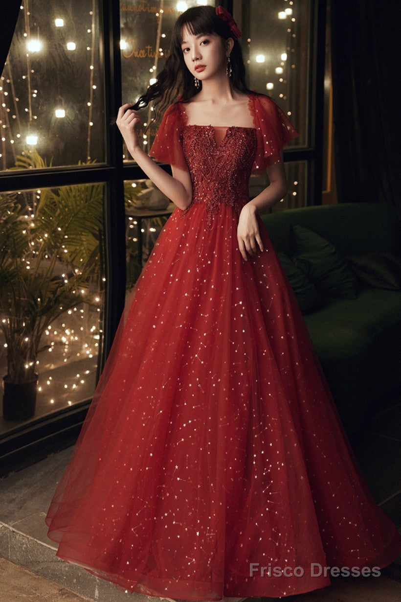Wine Red Short Sleeves Tulle With Lace Long Party Dress, Wine Red Prom Dress Main image