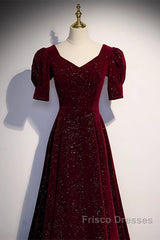 Wine Red Short Sleeves Velvet Long Formal Dress, Wine Red Evening Dress Formal Prom Dress