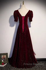 Wine Red Short Sleeves Velvet Long Formal Dress, Wine Red Evening Dress Formal Prom Dress