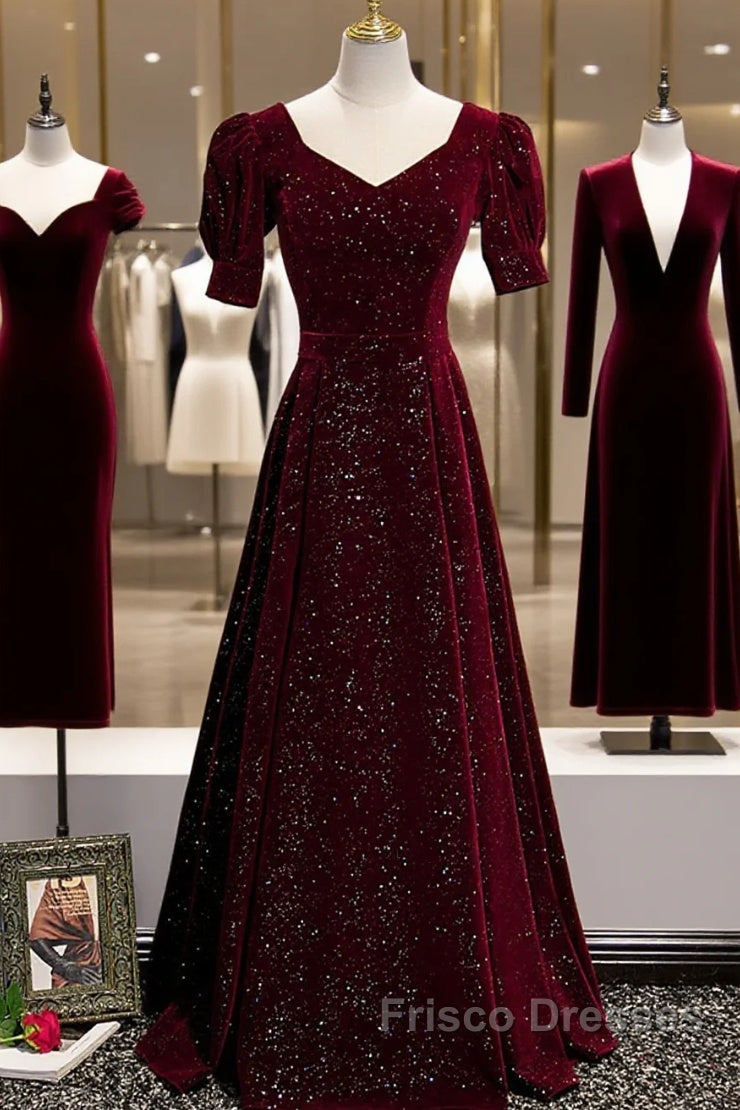 Wine Red Short Sleeves Velvet Long Formal Dress, Wine Red Evening Dress Formal Prom Dress Main image