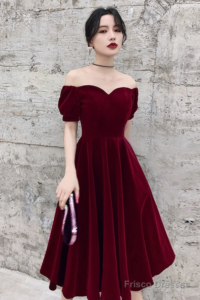 Wine Red Short Velvet Evening Dresses, Off Shoulder Prom Dresses Bridesmaid Dress Secondary image