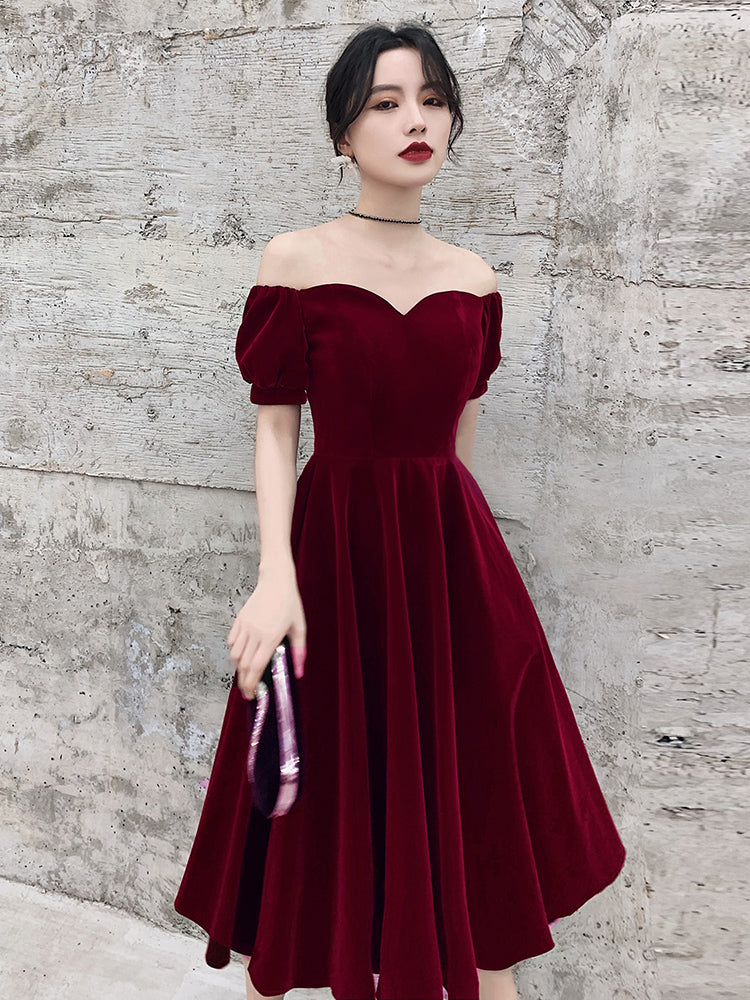 Wine Red Short Velvet Evening Dresses, Off Shoulder Prom Dresses Bride