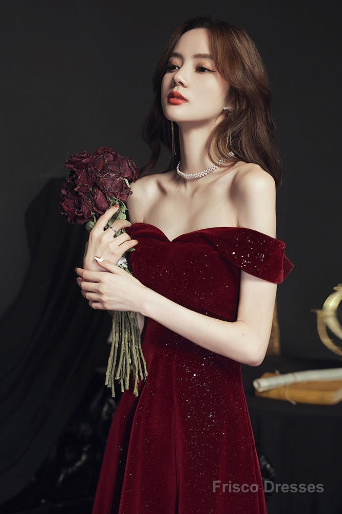 Wine Red Simple Velvet Off Shoulder Prom Dress, Wine Red Wedding Party Dress