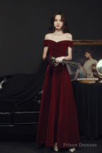 Wine Red Simple Velvet Off Shoulder Prom Dress, Wine Red Wedding Party Dress