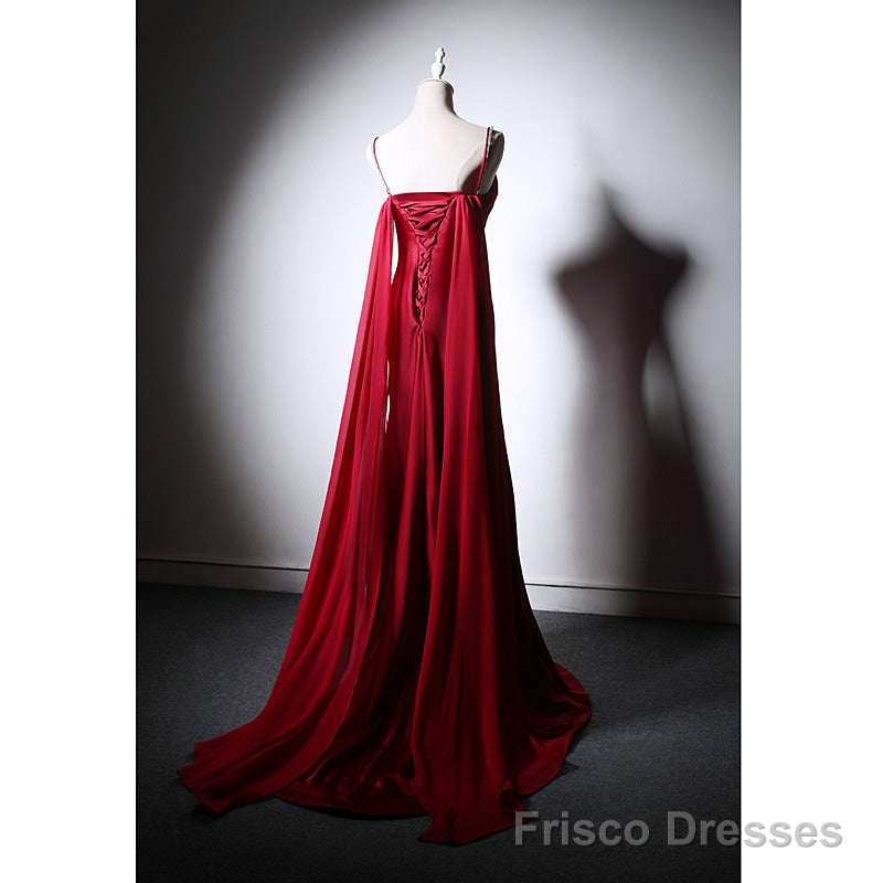 Wine Red Soft Satin Long Straps Long A-line Prom Dress, Wine Red Evening Dress