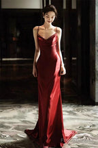 Wine Red Soft Satin Straps V-Neckline Party Dress, Wine Red Evening Dress