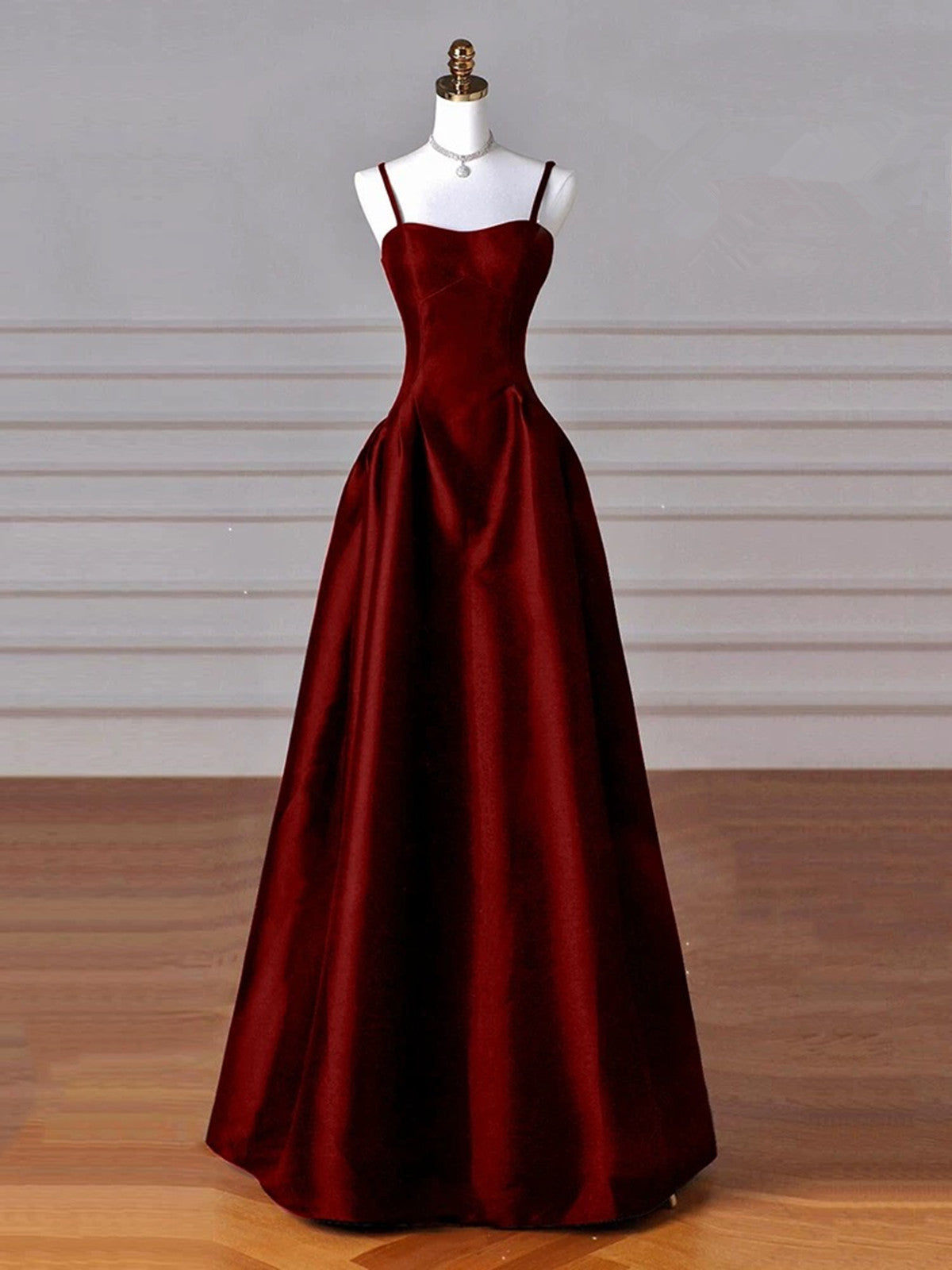 Wine Red Straps A-Line Floor Length Simple Party Dress, Wine Red Satin Prom Dress Main image
