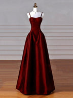 Wine Red Straps A-Line Floor Length Simple Party Dress, Wine Red Satin Prom Dress