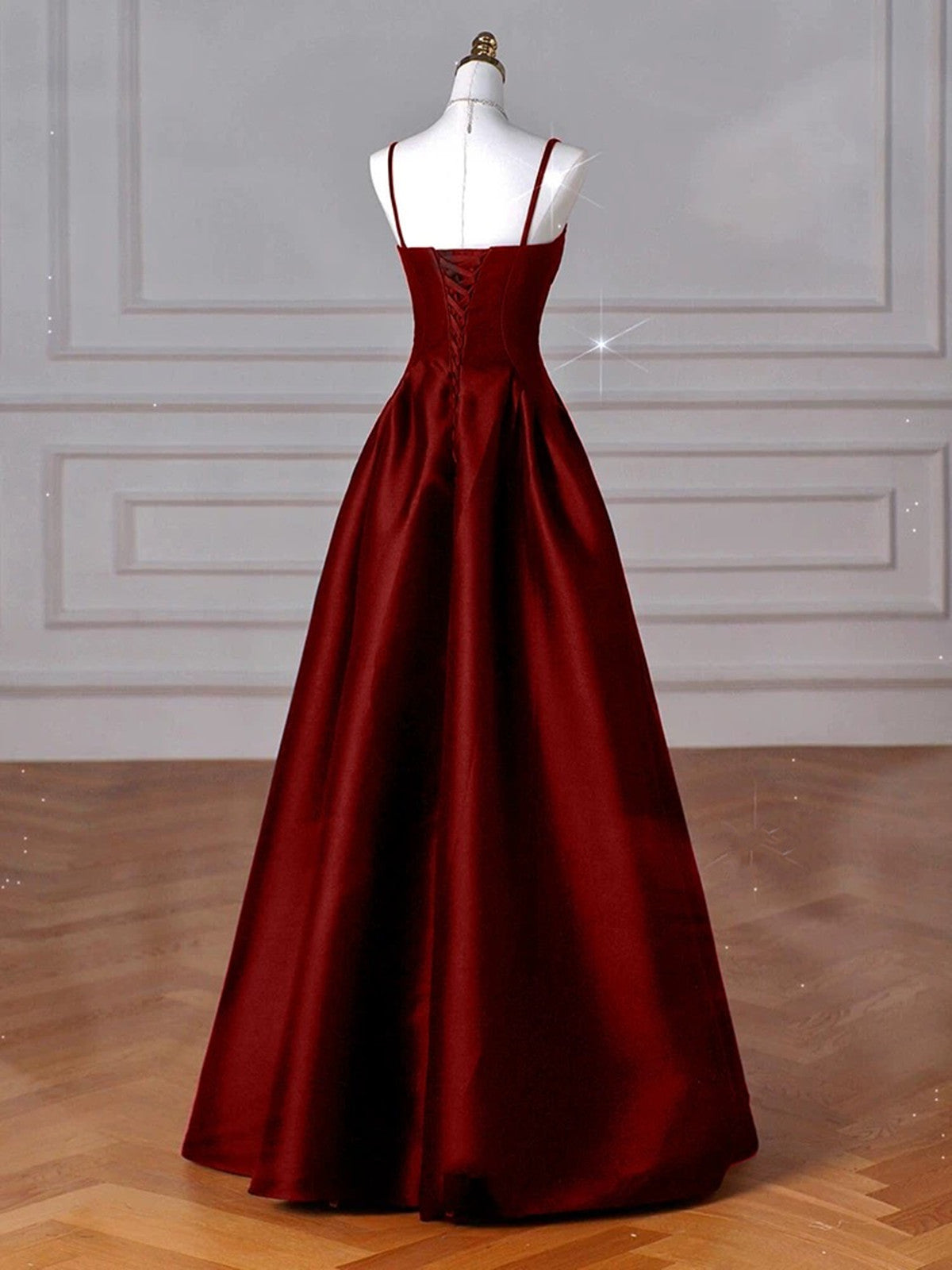 Wine Red Straps A-Line Floor Length Simple Party Dress, Wine Red Satin Prom Dress