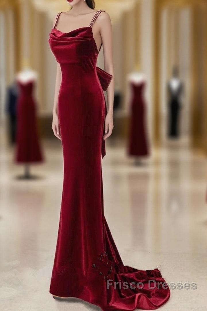 Wine Red Straps Low Back Mermaid Long Party Dress, Wine Red Evening Dress Main image