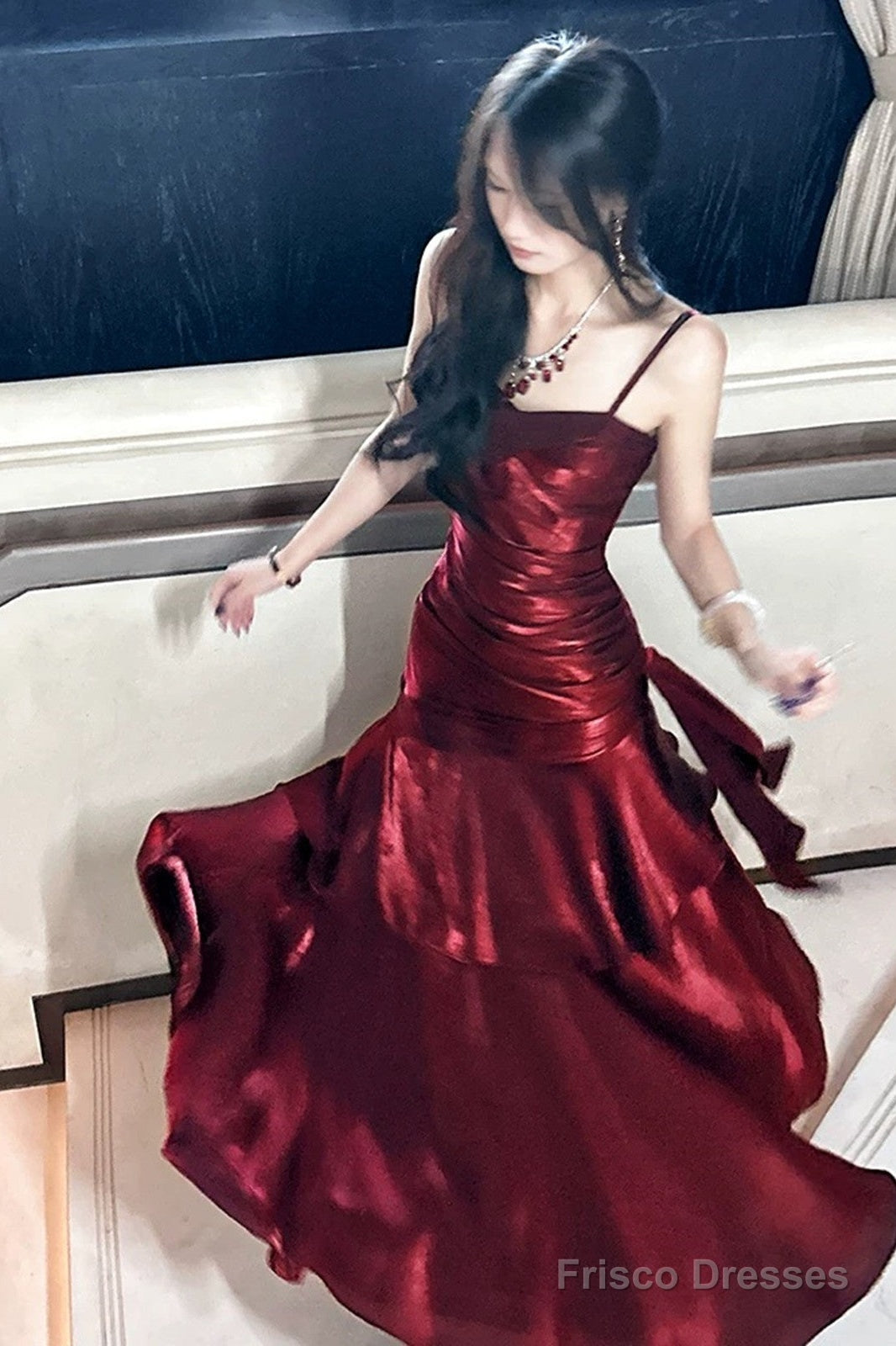 Wine Red Straps Mermaid Long Party Dress, Wine Red Evening Dress Formal Dress Main image