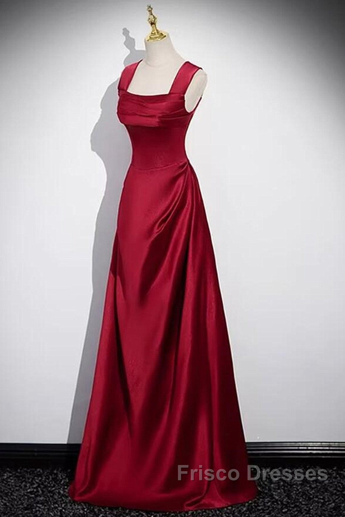 Wine Red Straps Satin Scoop Floor Length Formal Prom Dress, Wine Red Long Evening Dress Secondary image
