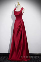 Wine Red Straps Satin Scoop Floor Length Formal Prom Dress, Wine Red Long Evening Dress