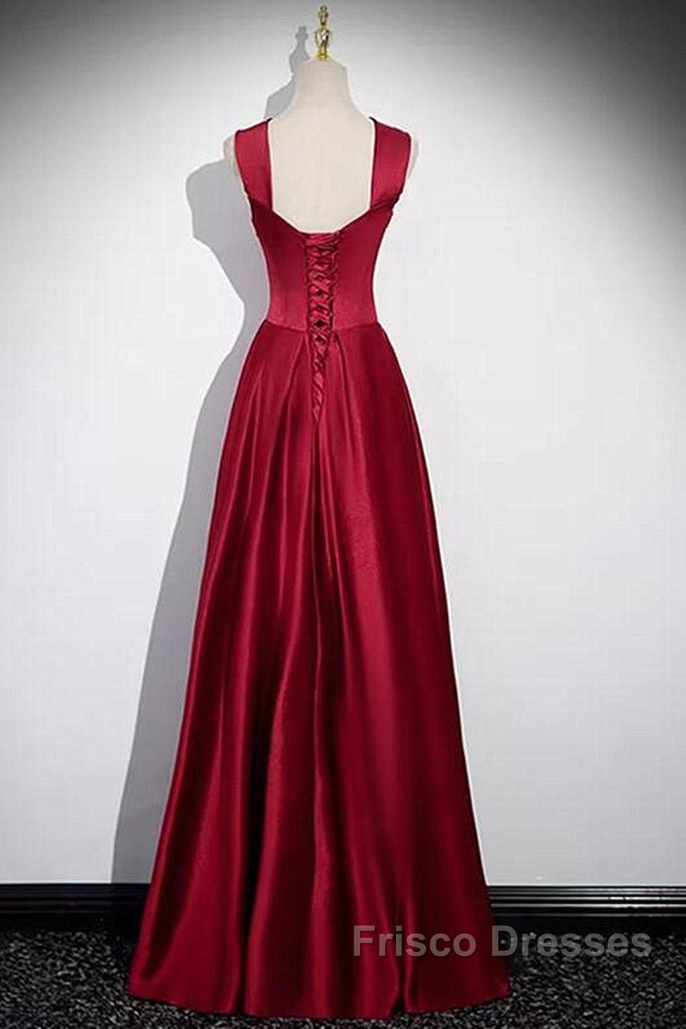 Wine Red Straps Satin Scoop Floor Length Formal Prom Dress, Wine Red Long Evening Dress