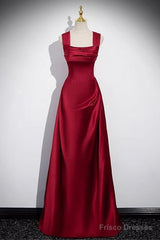Wine Red Straps Satin Scoop Floor Length Prom Dress, Wine Red Long Evening Dress