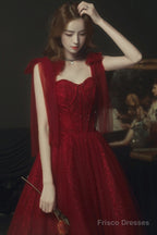 Wine Red Straps Sweetheart Shiny Tulle Party Dress, A-Line Wine Red Formal Dress