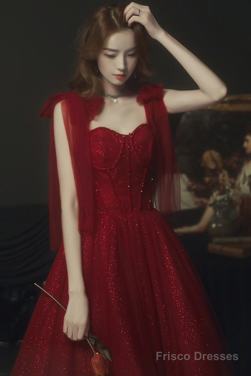 Wine Red Straps Sweetheart Shiny Tulle Party Dress, A-Line Wine Red Formal Dress
