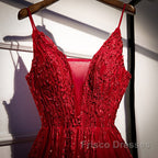 Wine Red Straps V-Neckline Lace Applique Long Formal Prom Dress, Dark Red Formal Dress