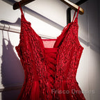 Wine Red Straps V-Neckline Lace Applique Long Formal Prom Dress, Dark Red Formal Dress