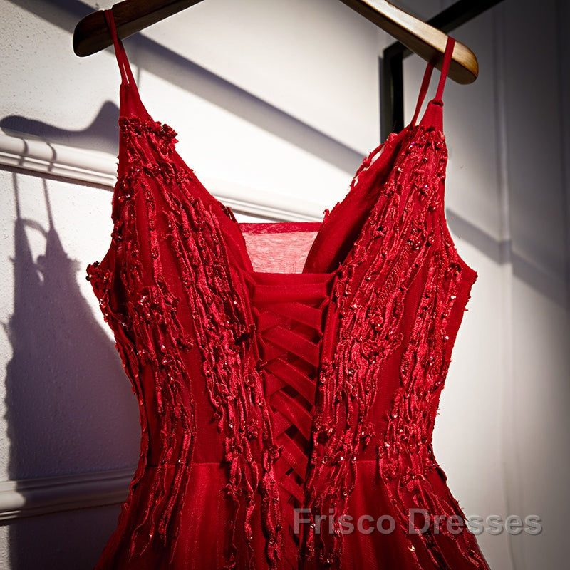 Wine Red Straps V-Neckline Lace Applique Long Formal Prom Dress, Dark Red Formal Dress