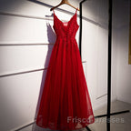 Wine Red Straps V-Neckline Lace Applique Long Formal Prom Dress, Dark Red Formal Dress