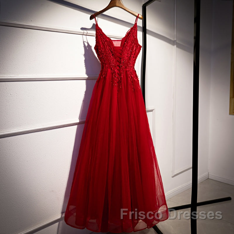 Wine Red Straps V-Neckline Lace Applique Long Formal Prom Dress, Dark Red Formal Dress