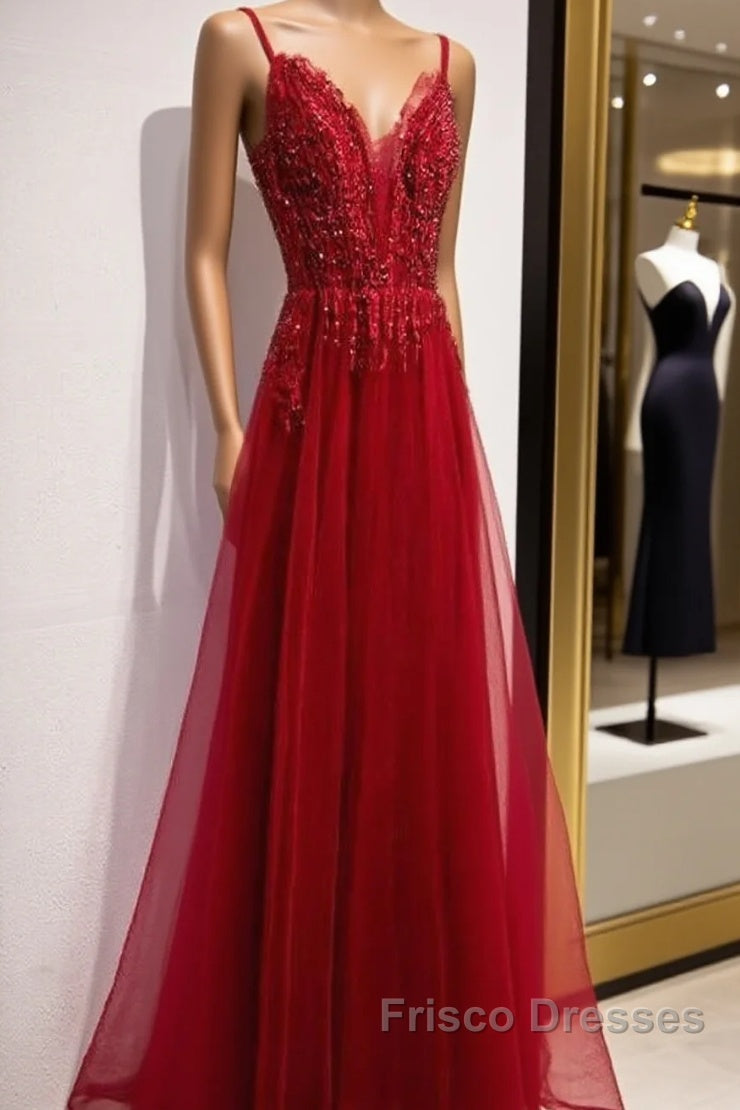 Wine Red Straps V-Neckline Lace Applique Long Formal Prom Dress, Dark Red Formal Dress Main image