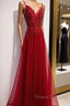 Wine Red Straps V-Neckline Lace Applique Long Formal Prom Dress, Dark Red Formal Dress