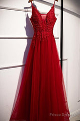 Wine Red Straps V-Neckline Lace Applique Long Prom Dress, Dark Red Formal Dresses