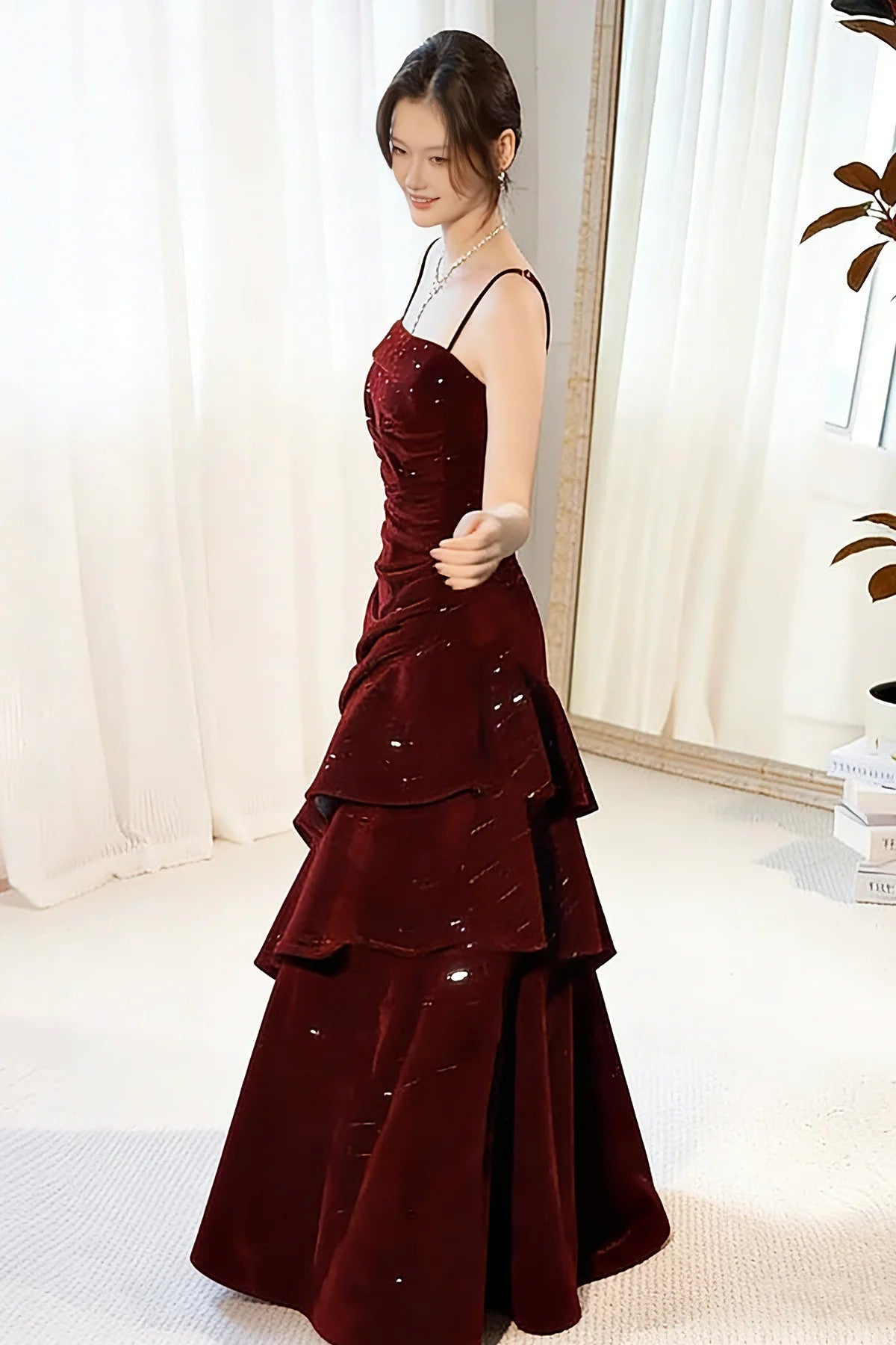 Wine Red Straps Velvet Long Formal Dress, Wine Red Velvet Layers Prom Dress Evening Dress Secondary image