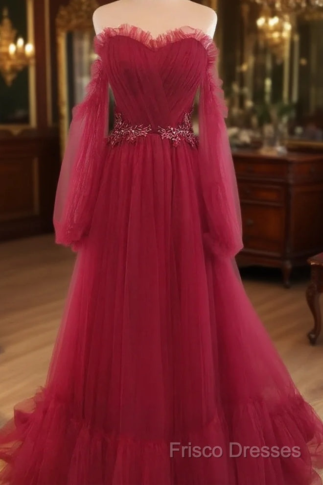 Wine Red Sweetheart Beaded Off Shoulder Party Dress, Wine Red Bridesmaid Dress Main image