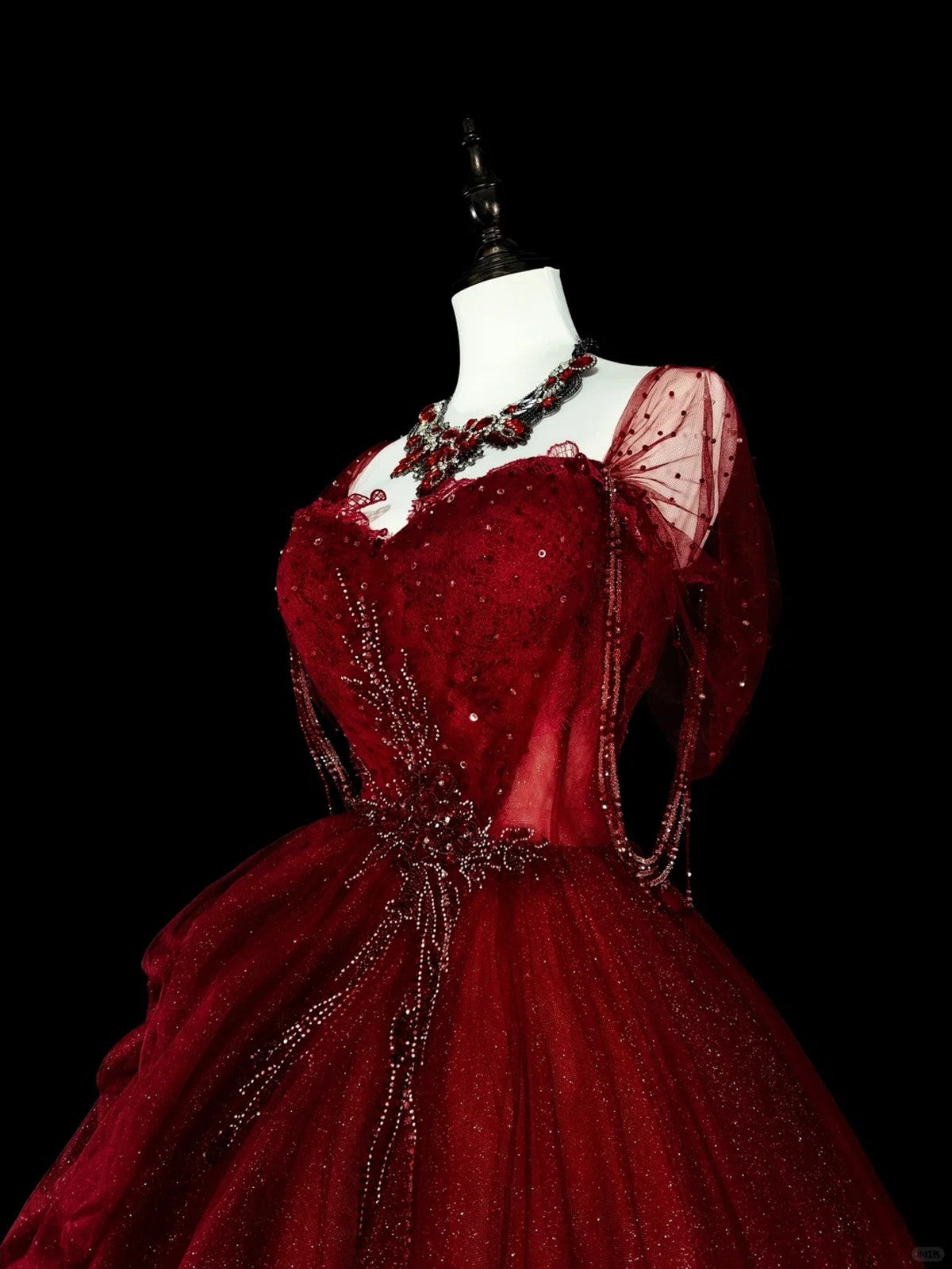Wine Red Sweetheart Beaded Tulle Formal Dress, Off Shoulder Sweet 16 Dress Main image